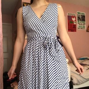 White and Blue Striped Wrap Style Dress